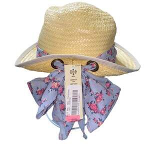 Kate Landry Straw Sun Hat with floral scarf tie bow at back NWTs
